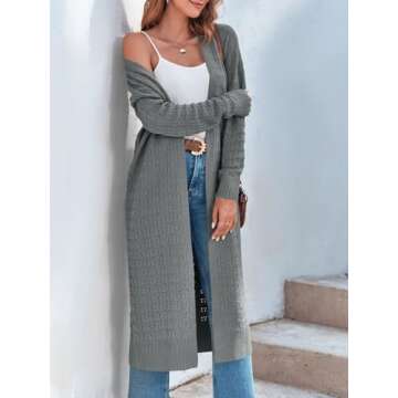 ZoeAce Womens Crochet Maxi Cardigan Sweaters Open Front Knit Long Sleeve Lightweight Duster Cardigan Casual Winter Outfits Grey