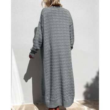 ZoeAce Womens Crochet Maxi Cardigan Sweaters Open Front Knit Long Sleeve Lightweight Duster Cardigan Casual Winter Outfits Grey