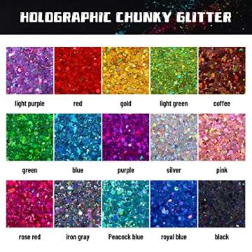 HTVRONT Holographic Chunky Glitter for Crafts - 15 Colors Holographic Glitter for Resin, Each 10g Cr...