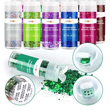 HTVRONT Holographic Chunky Glitter for Crafts - 15 Colors Holographic Glitter for Resin, Each 10g Craft Glitter Set, Chunky Glitter for Nails, Face, Tumblers, Body, Hair, Painting, Epoxy, Art Glitter