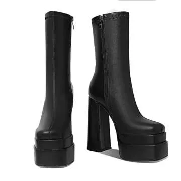 Mattiventon Black Platform Boots for Women Square Toe Chunky Heel Combat Boot Mid Calf Goth Boots