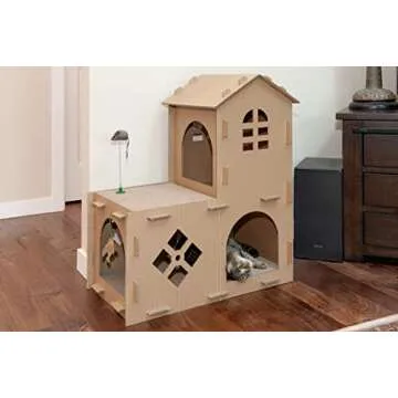 Furhaven Multi-Level Cardboard Cat House w/ Catnip for Indoor Cats, Ft. Scratching Pads & Toys - Farmhouse Corrugated Cat Scratcher Hideout - Cardboard Brown, One Size