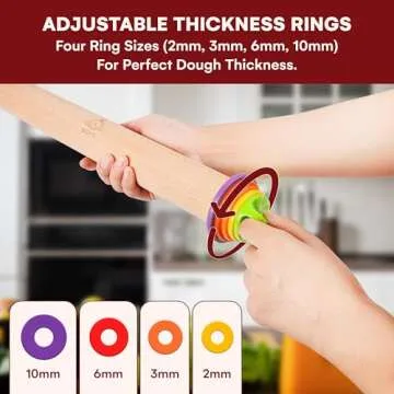Kitchtic Adjustable Rolling Pin with Removable Rings - Precision Baking and Cookie Dough Rolling Pin with Thickness Measuring Rings for Perfectly Rolled Dough - Multi-Color - 16.9''x2.5''x2.5''