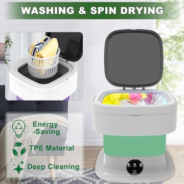 Mini Portable Washing Machine Small - 16L Portable Mini Washing Machine with Spin, Mini Lavadora Portatil Washer Foldable, Small Washing Machine Portable Used for Travel Baby Green 60W [CLEAN S+]