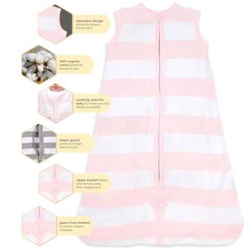 Burt's Bees Baby Baby Beekeeper Wearable Blanket, 100% Organic Cotton, Swaddle Transition Sleeping Bag, Rugby Stripe Blossom, Small