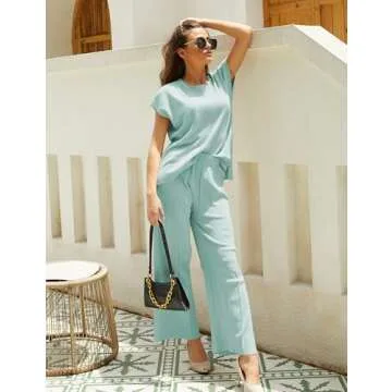 Tanming Women's 2 Piece Outfits Sweater Set Knit Pullover Tops High Waisted Pants Sweatsuits Lounge Set (S-GreyGreen)