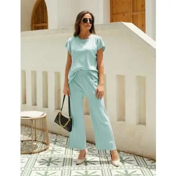 Tanming Women's 2 Piece Outfits Sweater Set Knit Pullover Tops High Waisted Pants Sweatsuits Lounge Set (S-GreyGreen)