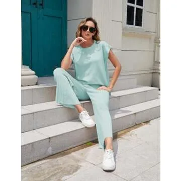 Tanming Women's 2 Piece Outfits Sweater Set Knit Pullover Tops High Waisted Pants Sweatsuits Lounge Set (S-GreyGreen)