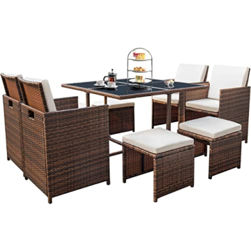 Devoko 9 Pieces Patio Dining Sets Outdoor Space Saving Rattan Chairs with Glass Table Patio Furnitur...