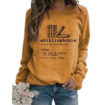 Womens Abibliophobia Sweatshirt Funny Vintage Reading Shirts Long Sleeve Crewneck Graphic Pullover B...