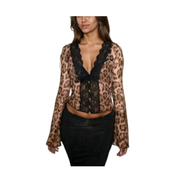 OCUH Sexy Lace Blouse Women Long Bell Sleeve Button Up Deep V Neck Tops Mesh Sheer Ladies Tops Coque...