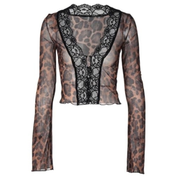 OCUH Women's Sexy Lace Blouse - Bell Sleeve Leopard Top