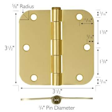 3-Pack 3.5-Inch x 3.5-Inch Interior Door Hinges with 5/8-Inch Radius, Satin Brass, Heavy Duty Steel Construction, Left- or Right-Handed – Design House, 181396
