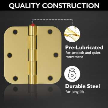 3-Pack 3.5-Inch x 3.5-Inch Interior Door Hinges with 5/8-Inch Radius, Satin Brass, Heavy Duty Steel Construction, Left- or Right-Handed – Design House, 181396