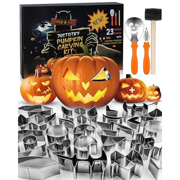 JUSTOTRY Halloween Pumpkin Carving Set 26Pcs Pumpkin Face Shape Cookie Cutters Tool Easy & Safe Adul...