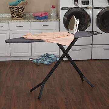 Household Essentials Deluxe Matte Black Ironing Board with Mesh Steel Top, 4 Durable Hex Legs, Heat-...