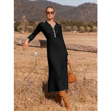 MEROKEETY Women's Long Sleeve V Neck Sweater Dress Button Ribbed Knit Slim Fit Elegant Maxi Dresses, Black, S