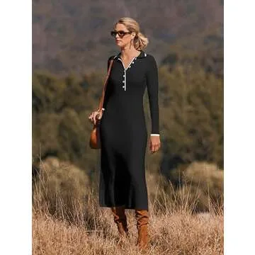 MEROKEETY Women's Long Sleeve V Neck Sweater Dress Button Ribbed Knit Slim Fit Elegant Maxi Dresses, Black, S