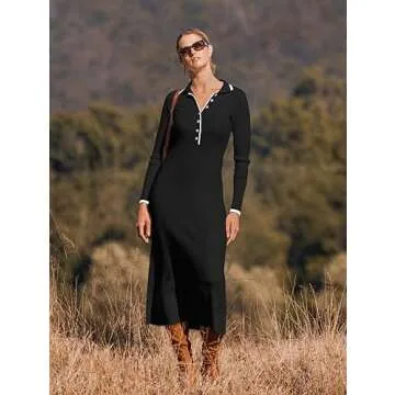 MEROKEETY Women's Long Sleeve V Neck Sweater Dress Button Ribbed Knit Slim Fit Elegant Maxi Dresses, Black, S