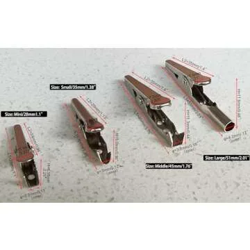 IEUYO Multipurpose Metal Mini Alligator Clips for Battery Test Lead Steel Crocodile Clamps, Place Card Holder,Silver Tone Nickel Plated Large/Midium/Small/Mini (51/45/35/28mm) 4 Sizes/100PCS