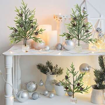 Winlyn Set of 3 Mini Frosted Artificial Pine Trees with Wood Bases Small Tabletop Christmas Trees with Pine Cones for Gifts Rustic Farmhouse Christmas Winter Holiday Table Centerpiece Desk Decoration