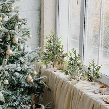 Winlyn Set of 3 Mini Frosted Artificial Pine Trees with Wood Bases Small Tabletop Christmas Trees with Pine Cones for Gifts Rustic Farmhouse Christmas Winter Holiday Table Centerpiece Desk Decoration