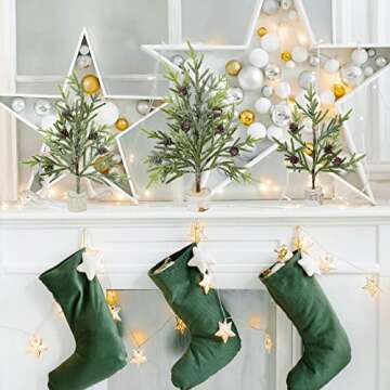 Winlyn Set of 3 Mini Frosted Artificial Pine Trees with Wood Bases Small Tabletop Christmas Trees with Pine Cones for Gifts Rustic Farmhouse Christmas Winter Holiday Table Centerpiece Desk Decoration