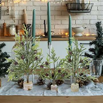 Winlyn Set of 3 Mini Frosted Artificial Pine Trees with Wood Bases Small Tabletop Christmas Trees with Pine Cones for Gifts Rustic Farmhouse Christmas Winter Holiday Table Centerpiece Desk Decoration