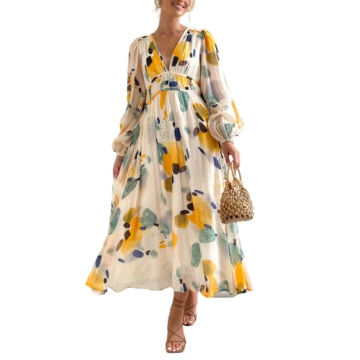 Sissyaki Women's Long Sleeve Boho Floral Maxi Dress Smocked Beach Flowy Dress Yellow-Watercolour M