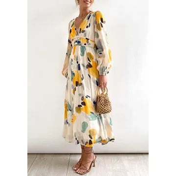 Sissyaki Women's Long Sleeve Boho Floral Maxi Dress Smocked Beach Flowy Dress Yellow-Watercolour M