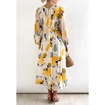 Sissyaki Women's Long Sleeve Boho Floral Maxi Dress Smocked Beach Flowy Dress Yellow-Watercolour M