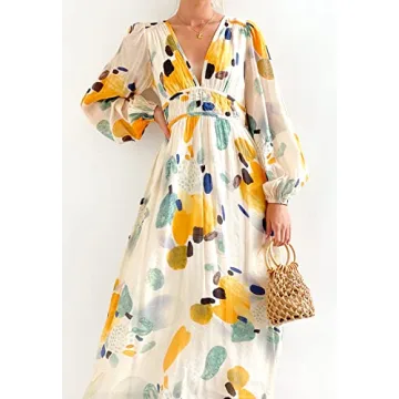 Sissyaki Women's Long Sleeve Boho Floral Maxi Dress Smocked Beach Flowy Dress Yellow-Watercolour M