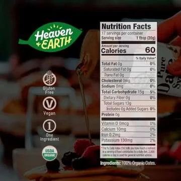 Heaven & Earth 100% Pure Organic Silan Date Syrup 12oz | Date Honey | Squeeze Bottle | Natural Honey or Maple Syrup Alternative | Low Glycemic Index, Great Sugar Replacement | Kosher