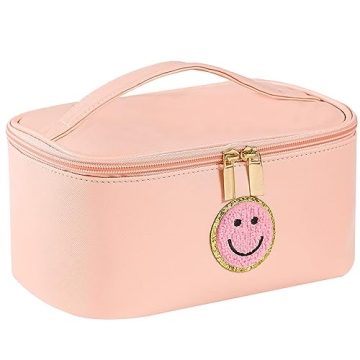 WALONER Preppy Patch Makeup Bag Leather Cosmetic Bag Large Makeup Pouch, Portable Waterproof Travel ...