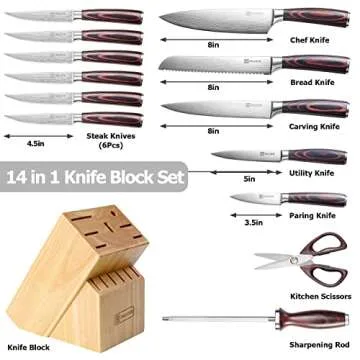 PAUDIN Kitchen Knife Set with Block, 14 Pieces Knife Sets for Kitchen with Block, High Carbon German...