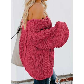 Ecrocoo Women's 2023 Fall V Neck Long Sleeve Off The Shoulder Chunky Ribbed Cable Knit Oversized Sweaters Casual Trendy Solid Pullover Tops,Rose Red L