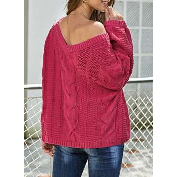 Ecrocoo Women's 2023 Fall V Neck Long Sleeve Off The Shoulder Chunky Ribbed Cable Knit Oversized Sweaters Casual Trendy Solid Pullover Tops,Rose Red L