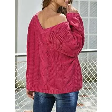 Ecrocoo Women's 2023 Fall V Neck Long Sleeve Off The Shoulder Chunky Ribbed Cable Knit Oversized Sweaters Casual Trendy Solid Pullover Tops,Rose Red L