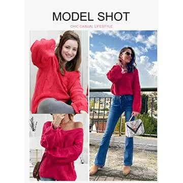 Ecrocoo Women's 2023 Fall V Neck Long Sleeve Off The Shoulder Chunky Ribbed Cable Knit Oversized Sweaters Casual Trendy Solid Pullover Tops,Rose Red L