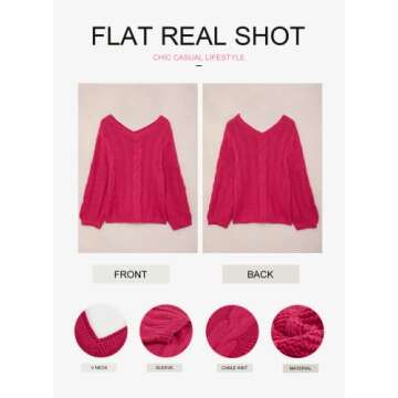 Ecrocoo Women's 2023 Fall V Neck Long Sleeve Off The Shoulder Chunky Ribbed Cable Knit Oversized Sweaters Casual Trendy Solid Pullover Tops,Rose Red L