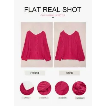 Ecrocoo Women's 2023 Fall V Neck Long Sleeve Off The Shoulder Chunky Ribbed Cable Knit Oversized Sweaters Casual Trendy Solid Pullover Tops,Rose Red L