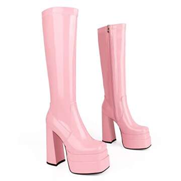 wetkiss Platform Knee High Boots Women Pink Platform Boots for Women Pink Gogo Boots Women's Knee-high Boots Chunky Boots for Women Long Boots 70s Boots Tall Boots Patent Leather Square Toe Boots
