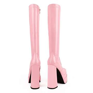 wetkiss Platform Knee High Boots Women Pink Platform Boots for Women Pink Gogo Boots Women's Knee-high Boots Chunky Boots for Women Long Boots 70s Boots Tall Boots Patent Leather Square Toe Boots