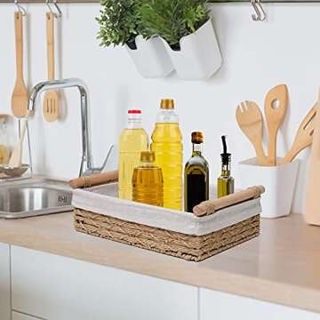 DUOER Round Paper Rope Storage Basket, Wicker Baskets for Organizing with Handle, Decorative Bins for Countertop, Toilet Paper Basket for Toilet Tank Top, Small Baskets Set (Set of 2,Beige)