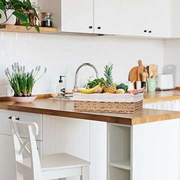 DUOER Round Paper Rope Storage Basket, Wicker Baskets for Organizing with Handle, Decorative Bins for Countertop, Toilet Paper Basket for Toilet Tank Top, Small Baskets Set (Set of 2,Beige)