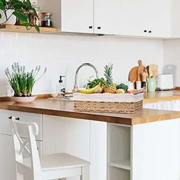 DUOER Round Paper Rope Storage Basket, Wicker Baskets for Organizing with Handle, Decorative Bins for Countertop, Toilet Paper Basket for Toilet Tank Top, Small Baskets Set (Set of 2,Beige)