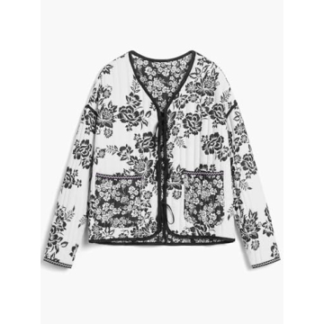 Bgylu Women's Floral Print Quilted Lightweight Jacket Retro V Neck Tie Fall Winter Double Sided Vint...