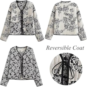 Bgylu Women's Floral Print Quilted Lightweight Jacket Retro V Neck Tie Fall Winter Double Sided Vintage Street Outerwear (Floral-L)