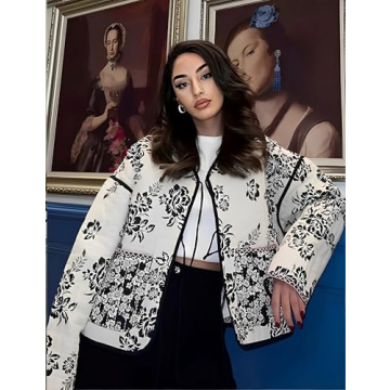 Bgylu Women's Floral Print Quilted Lightweight Jacket Retro V Neck Tie Fall Winter Double Sided Vintage Street Outerwear (Floral-L)