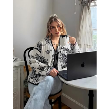 Bgylu Women's Floral Print Quilted Lightweight Jacket Retro V Neck Tie Fall Winter Double Sided Vintage Street Outerwear (Floral-L)